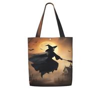 ADAhgu Halloween Witch Flying 2 Print Large Capacity Canvas Shoulder Bag Lightweight Casual Daily Use Office Travel Tote