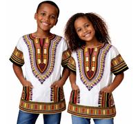 Adalex Global Dashiki African Kids Shirt Traditional Design, Authentic Clothes for Children Ethnic Patterns and African Print Boy Girl (UK, Age, 6 Years, 8 Years, Regular, White Orange Yellow)