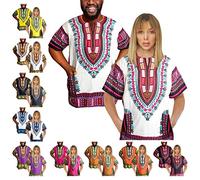 Adalex Global Traditional African Unisex Dashiki Shirt Color Tribal Festival Hippie Africa Shirt Men Women Summer Wear (Large, White Orange Purple)