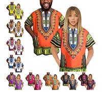 Adalex Global Traditional African Unisex Dashiki Shirt Color Tribal Festival Hippie, Ideal for Men Women African Short Sleeve Summer Wear (UK, Alpha, XS, Regular, Regular, Orange Blue)