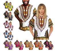 Adalex Global Traditional African Unisex Dashiki Shirt Color Tribal Festival Hippie, Ideal for Men Women African Short Sleeve Summer Wear (UK, Alpha, M, Regular, Regular, White Orange Yellow)