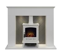 Adam Corinth Stove Fireplace in Pure White & Grey with Downlights & Aviemore Electric Stove in White, 48 Inch Adam Fires & Fireplaces White One Size