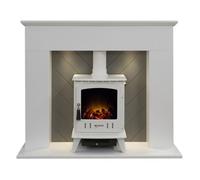 Adam Corinth Stove Fireplace In Pure White & Grey With Downlights & Aviemore Electric Stove In White, 48 Inch