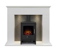 Adam Corinth Stove Fireplace in Pure White & Grey with Downlights & Bergen Electric Stove in Charcoal Grey, 48 Inch, White
