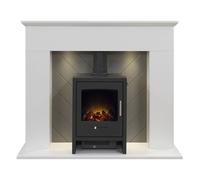 Adam Corinth Stove Fireplace in Pure White & Grey with Downlights & Bergen Electric Stove in Charcoal Grey, 48 Inch Adam Fires & Fireplaces White One Size