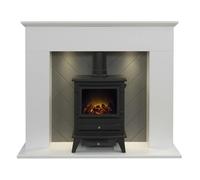 Adam Corinth Stove Fireplace in Pure White & Grey with Downlights & Hudson Electric Stove in Black, 48 Inch