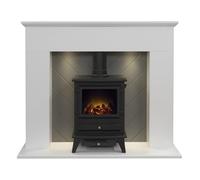 Adam Corinth Stove Fireplace in Pure White & Grey with Downlights & Hudson Electric Stove in Black, 48 Inch
