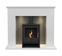 Adam Corinth Stove Fireplace in Pure White & Grey with Downlights & OKO S1 Bio Ethanol Stove in Charcoal Grey, 48 Inch
