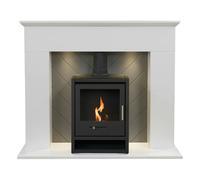 Adam Corinth Stove Fireplace in Pure White & Grey with Downlights & OKO S1 Bio Ethanol Stove in Charcoal Grey, 48 Inch