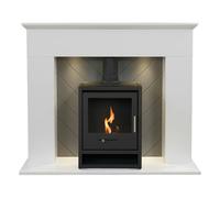Adam Corinth Stove Fireplace in Pure White & Grey with Downlights & OKO S1 Bio Ethanol Stove in Charcoal Grey, 48 Inch