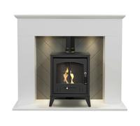 Adam Corinth Stove Fireplace in Pure White & Grey with Downlights & OKO S2 Bio Ethanol Stove in Charcoal Grey, 48 Inch