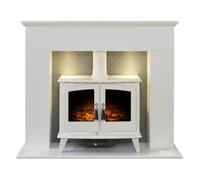 Adam Corinth Stove Fireplace in Pure White& Grey with Downlights& Woodhouse Electric Stove in Pure White, 48 Inch