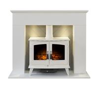 Adam Corinth Stove Fireplace in Pure White& Grey with Downlights& Woodhouse Electric Stove in Pure White, 48 Inch