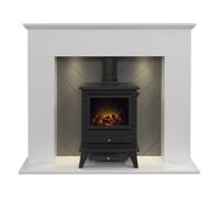 Adam Fires & Fireplaces Adam Corinth Stove Fireplace in Pure White & Grey with Downlights & Hudson Electric Stove in Black, 48 Inch Adam Fires & Fireplaces Grey