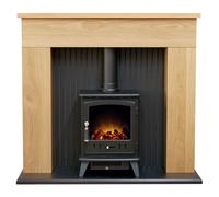 Adam Fires & Fireplaces Adam Innsbruck Stove Fireplace in Oak with Aviemore Electric Stove in Black, 45 Inch in Black Adam Fires & Fireplaces Black