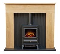 Adam Fires & Fireplaces Adam Innsbruck Stove Fireplace in Oak with Hudson Electric Stove in Black, 45 Inch in Light Oak Adam Fires & Fireplaces Light Oak