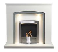 Adam Fires & Fireplaces Adam Savanna Fireplace in Pure White & Grey with Downlights & Colorado Bio Ethanol Fire in Brushed Steel, 48 Inch Adam Fires & Fireplaces Grey