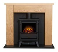Adam Fires & Fireplaces Chester Stove Fireplace in Oak & Black with Hudson Electric Stove in Black, 39 Inch Adam Fires & Fireplaces Black