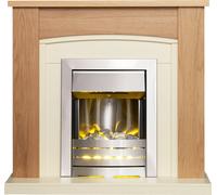 Adam Fires & Fireplaces Chilton Fireplace in Oak & Cream with Helios Electric Fire in Brushed Steel, 39 Inch in Grey Adam Fires & Fireplaces Grey