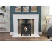 Adam Fires & Fireplaces Corinth Stove Fireplace in Pure White & Grey with Downlights & OKO S2 Bio Ethanol Stove in Charcoal Grey, 48 Inch Adam Fires & Fireplaces Grey
