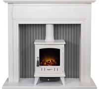 Adam Florence Stove Fireplace in Pure White with Aviemore Electric Stove in Grey Enamel, 48 Inch