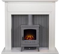 Adam Florence Stove Fireplace in Pure White with Aviemore Electric Stove in Grey Enamel, 48 Inch