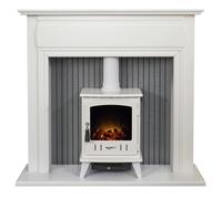 Adam Florence Stove Fireplace in Pure White with Aviemore Electric Stove in White Enamel, 48 Inch