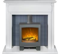 Adam Florence Stove Fireplace in Pure White with Lunar Electric Stove in Grey, 48 Inch