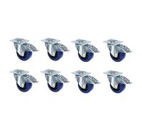 Adam Hall Hardware 372191 M8 AH - 8x Steel swivel castor with blue wheel and brake, 100 mm