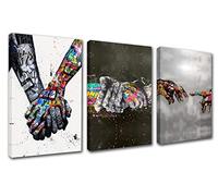 Adam Hand of God Pictures Friendly Holding Hands Art Paintings Banksy Graffiti Artwork Peace Hand Wall Art 3P Living Room Home Modern Decor Wooden Framed Ready to Hang Poster and Prints(42''Wx20''H)