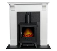 Adam Harrogate Stove Fireplace in Pure White & Black with Adam Aviemore Electric Stove in Black, 39 Inch