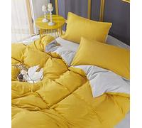 Adam Home 4PCS Complete Reversible Duvet Cover & Fitted Sheet Soft Micro Fiber Bedding Sets by TTO (Mustard Grey, Superking)