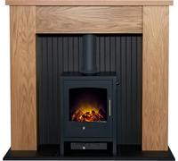 Adam New England Stove Fireplace in Oak & Black with Bergen Electric Stove in Charcoal Grey, 48 Inch