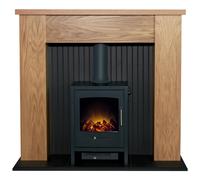 Adam New England Stove Fireplace in Oak & Black with Bergen Electric Stove in Charcoal Grey, 48 Inch
