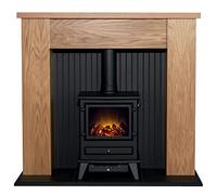 Adam New England Stove Fireplace in Oak & Black with Hudson Electric Stove in Black, 48 Inch