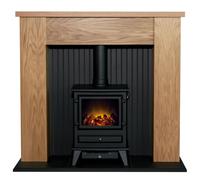 Adam New England Stove Fireplace in Oak & Black with Hudson Electric Stove in Black, 48 Inch