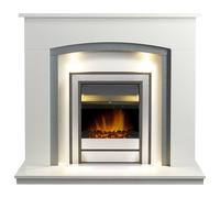 Adam Savanna Fireplace in Pure White & Grey with Downlights & Argo Electric Fire in Brushed Steel, 48 Inch