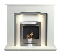 Adam Savanna Fireplace in Pure White & Grey with Downlights & Colorado Bio Ethanol Fire in Brushed Steel, 48 Inch