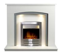 Adam Savanna Fireplace In Pure White & Grey With Downlights & Colorado Electric Fire In Brushed Steel, 48 Inch