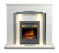 Adam Savanna Fireplace In Pure White & Grey With Downlights & Vancouver Electric Fire In Black, 48 Inch