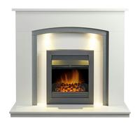 Adam Savanna Fireplace in Pure White & Grey with Downlights & Vancouver Electric Fire in Black, 48 Inch