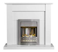 Adam Sutton Fireplace in Pure White with Helios Electric Fire, Brushed Steel, 43 Inch