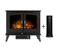 Adam Woodhouse Electric Stove in Black with Straight Stove Pipe (15125) - 1kW-2kW, LED flame effect, Glass Front, Log Bed, Plug-in