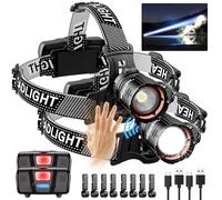 AdamStar Head Torch Rechargeable, 2 Pack Professional Headlamp, 120000LM Super Bright LED Headlight with Red Warning Light 5 Modes, 90° Adjustable Motion Sensor, Zoomable for Camping, Hiking Fishing