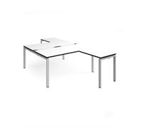 Adapt back to back desks 1600mm x 1600mm with 800mm return desks - silver frame, white top, black edge