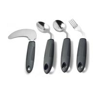 Adaptive 4-Piece Utensils Set for Elderly, Fixed Left-Handed Curved Stainless Steel Anti-Shake Dinnerware Set, Gray Anti-Slip Rubber Grip, Aids for Unsteady Control