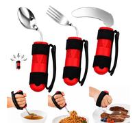 Adaptive Utensils Set for Adults, 3-Piece Bendable Spoon Fork and Rocker Knife with Red Non-Slip Handles, Adjustable Hand Strap Eating Utensils for Elderly, Arthritis, Parkinson’s, Hand Tremors, Weak