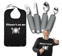 Adaptive Utensils with Adult Bib - 4pcs Weighted Utensils Set (2.5oz Each) for Hand Tremors, Elderly, Parkinson's, Arthritis - Non-Slip Easy Grip Handles for Independent Eating