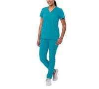 Adar Addition Go-Basic Scrub Set for Women - Slim V-Neck Scrub Top & Skinny Cargo Scrub Pants - A9200 - Teal Blue - S