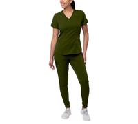 Adar Pro Modern Athletic Scrub Set for Women - Modern V-Neck Scrub Top & Yoga Jogger Scrub Pants - P9500 - Olive - XS